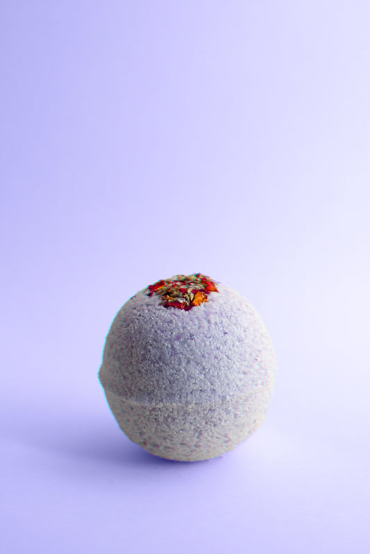 Muscle relief bath bomb with peppermint, camphor, and rose essential oils.